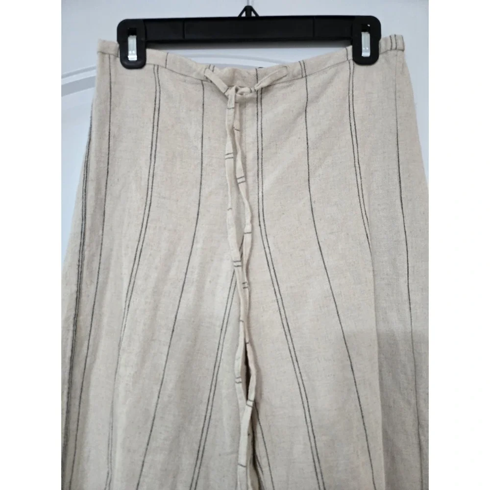 Zara Cotton Linen Blend Low Rise Pull On Striped Pants Beige Size L NWOT